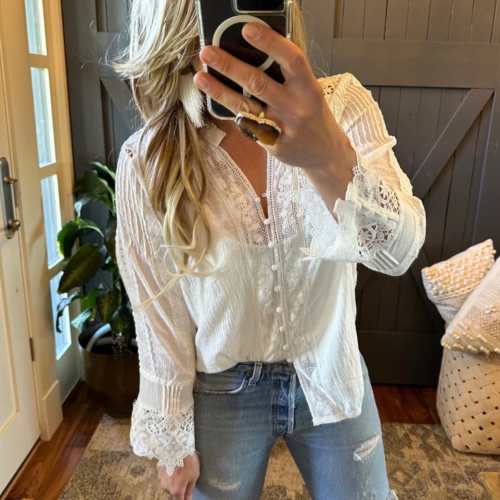 New White Lace Inset 3/4 Sleeve Button Front Blouse Top Women's Top Boho - Picture 8 of 11